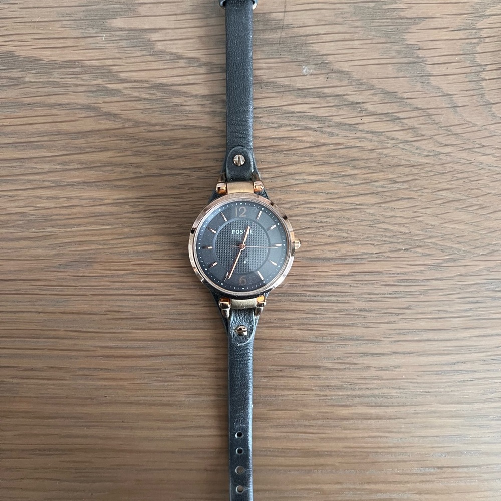 Fossil watch - navy blue leather with rose gold